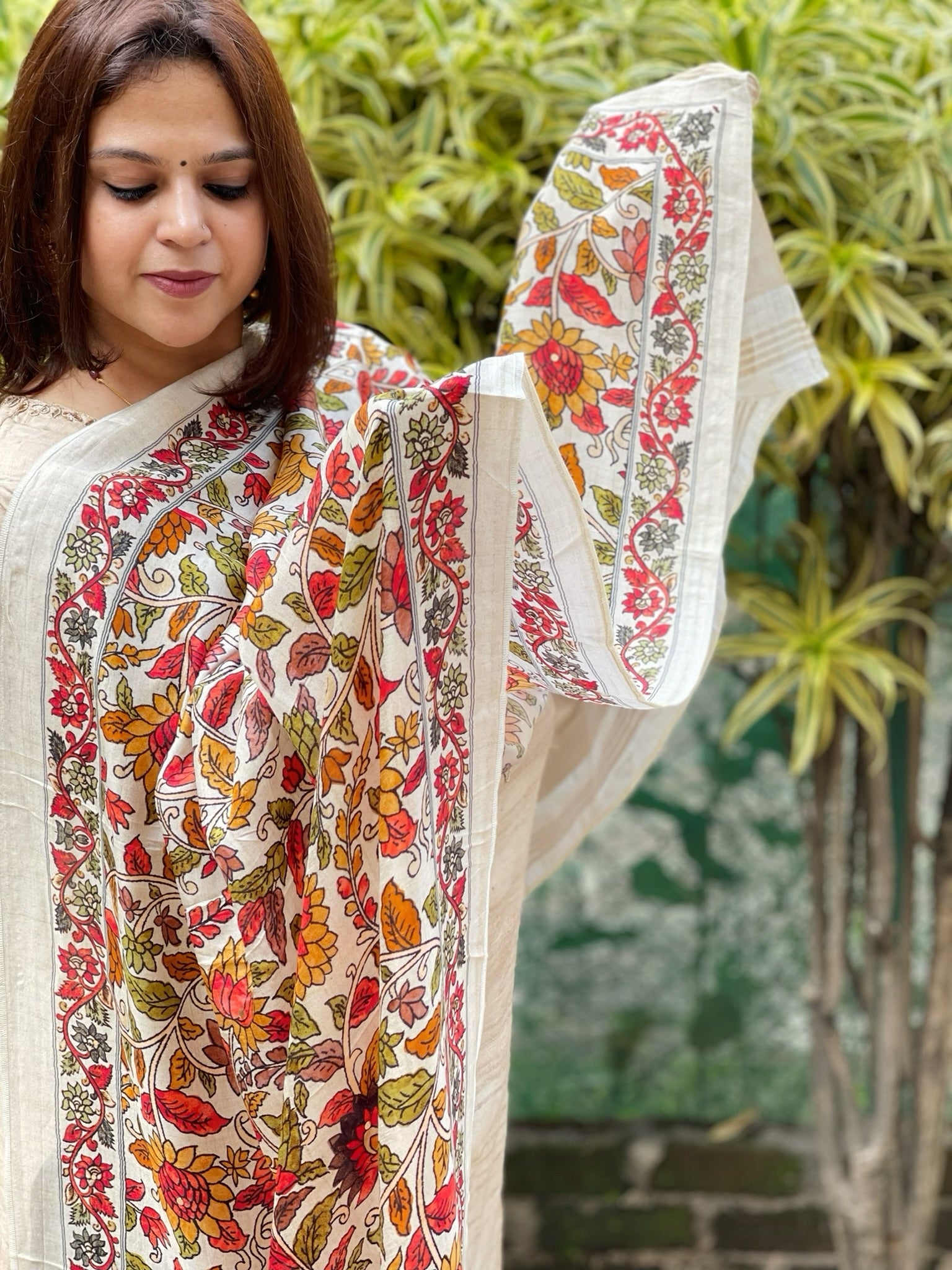 Printed Kalamkari Dupatta with Sequin Work and Zari Pallu in Dola Silk - Masakalee