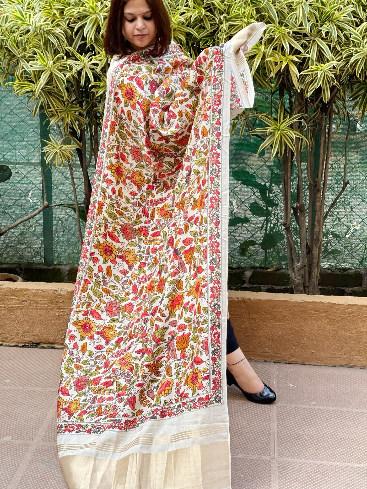 Printed Kalamkari Dupatta with Sequin Work and Zari Pallu in Dola Silk - Masakalee