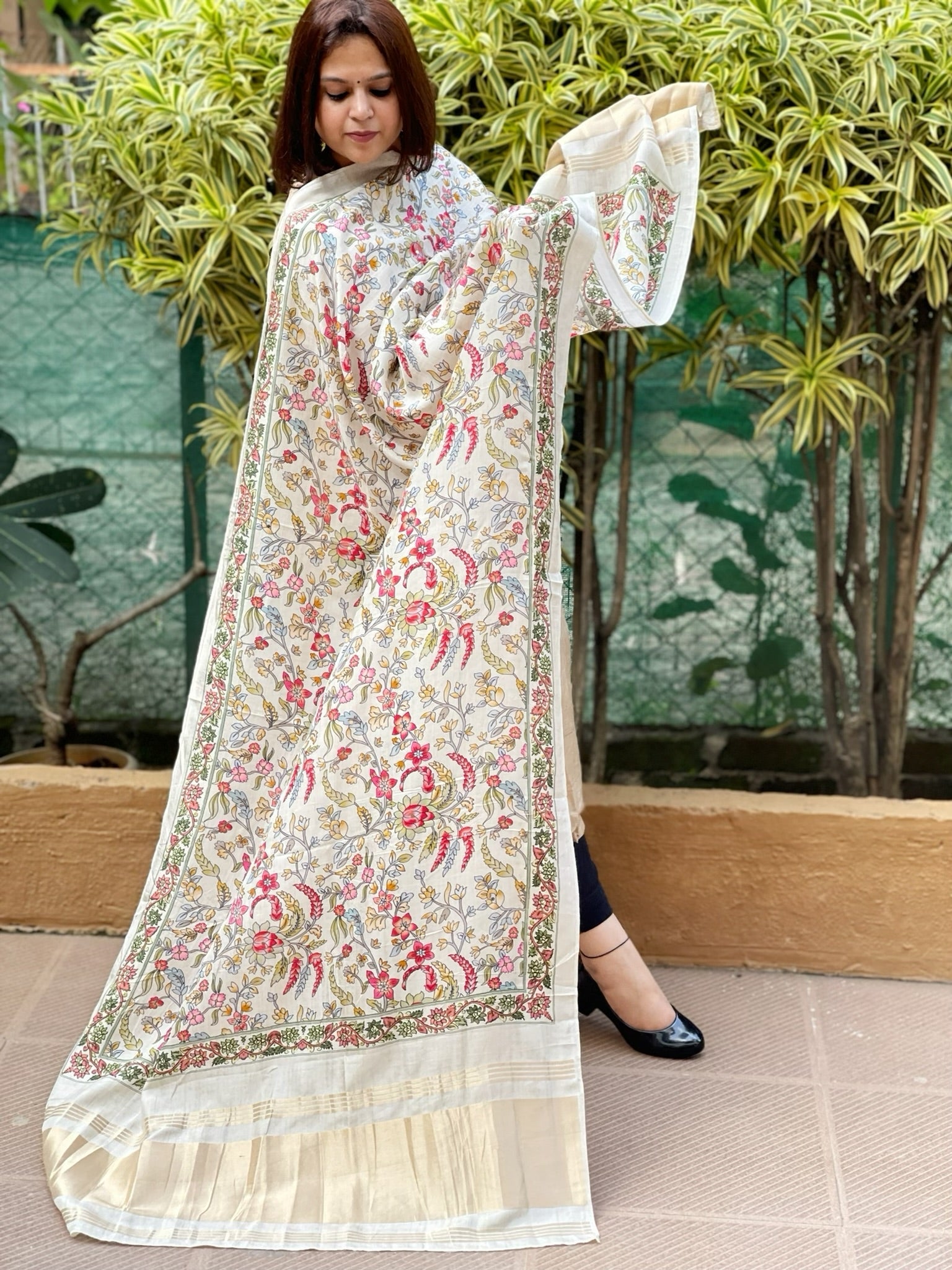Printed Kalamkari Dupatta with Sequin Work and Zari Pallu in Dola Silk - Masakalee