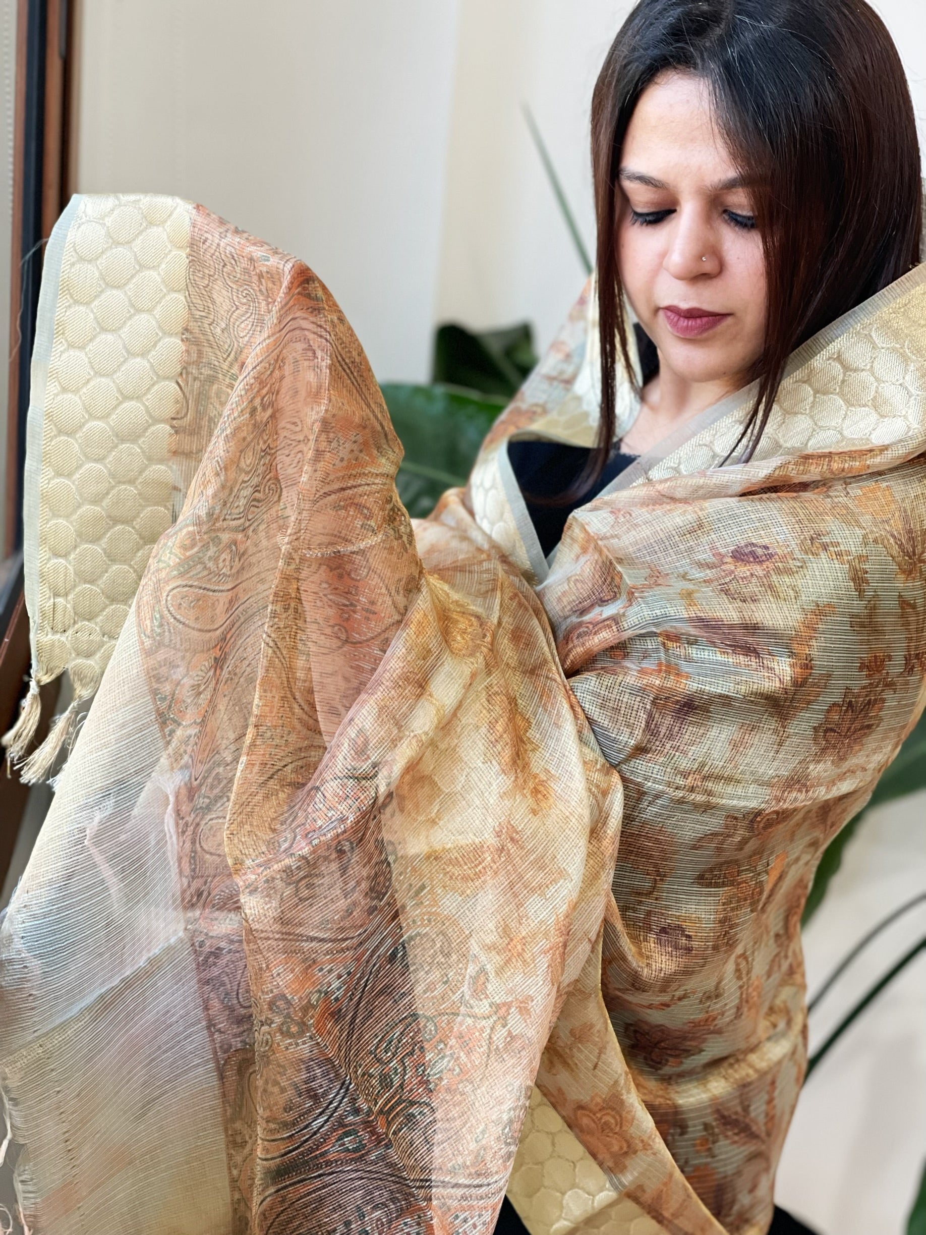 Printed Kota Tissue Dupatta with Zari Border - Masakalee