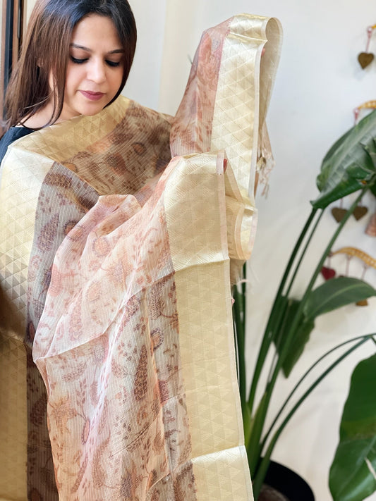Printed Kota Tissue Dupatta with Zari Border - Masakalee
