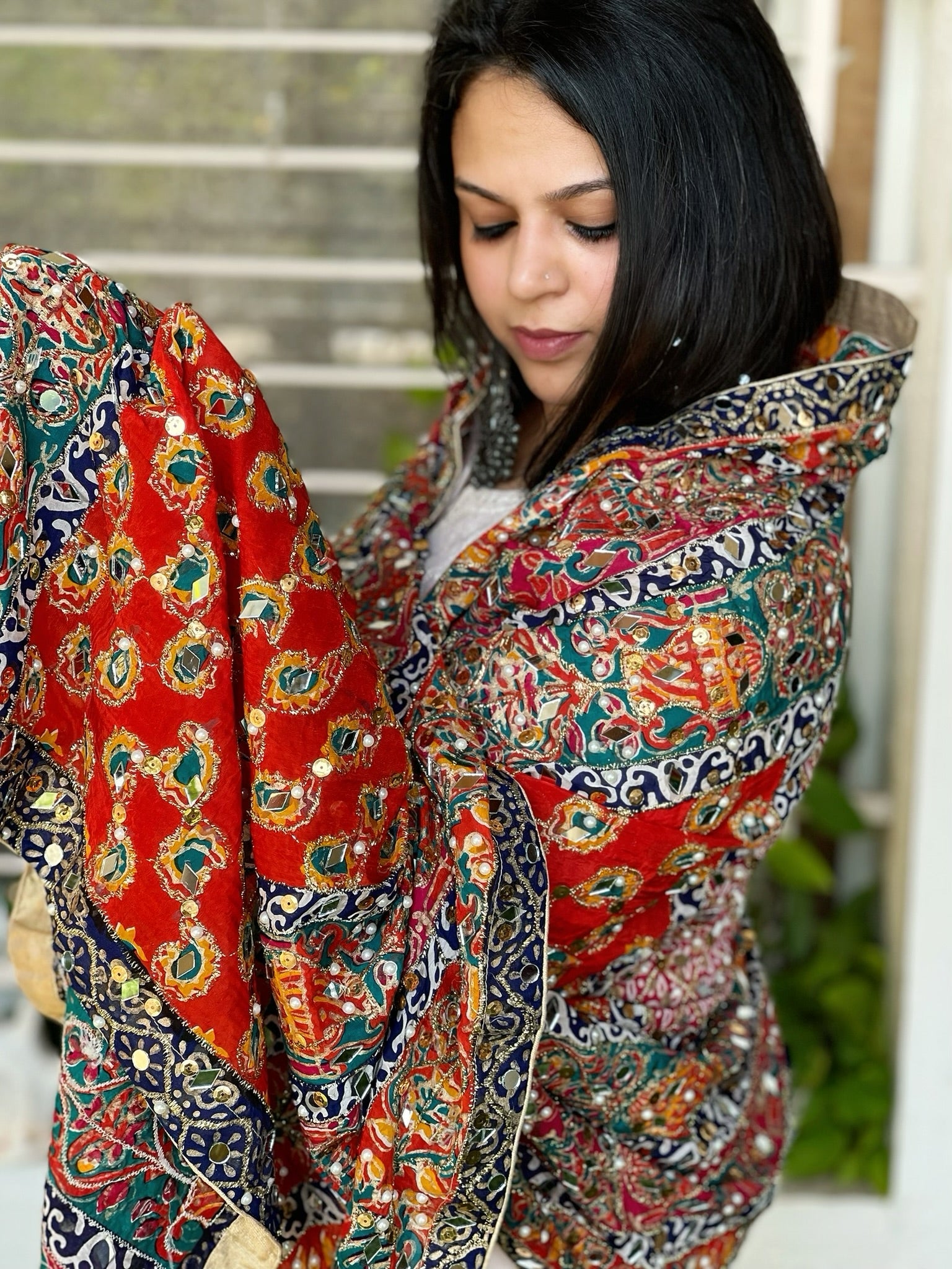 Pure Silk Dupatta with Beads, Sequin, Real Mirror Pasting Handwork - Masakalee