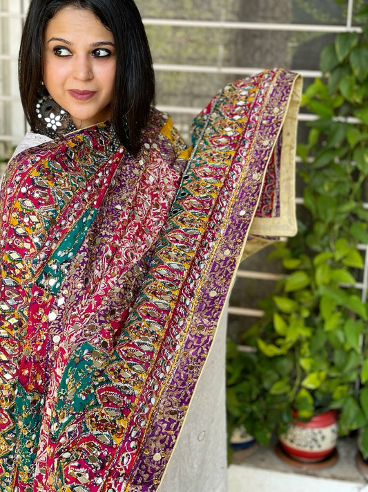 Pure Silk Dupatta with Beads, Sequin, Real Mirror Pasting Handwork - Masakalee