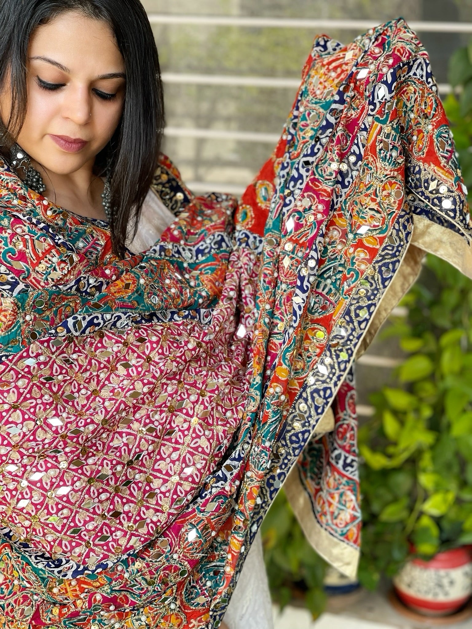 Pure Silk Dupatta with Beads, Sequin, Real Mirror Pasting Handwork - Masakalee