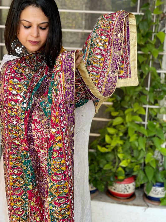 Pure Silk Dupatta with Beads, Sequin, Real Mirror Pasting Handwork - Masakalee