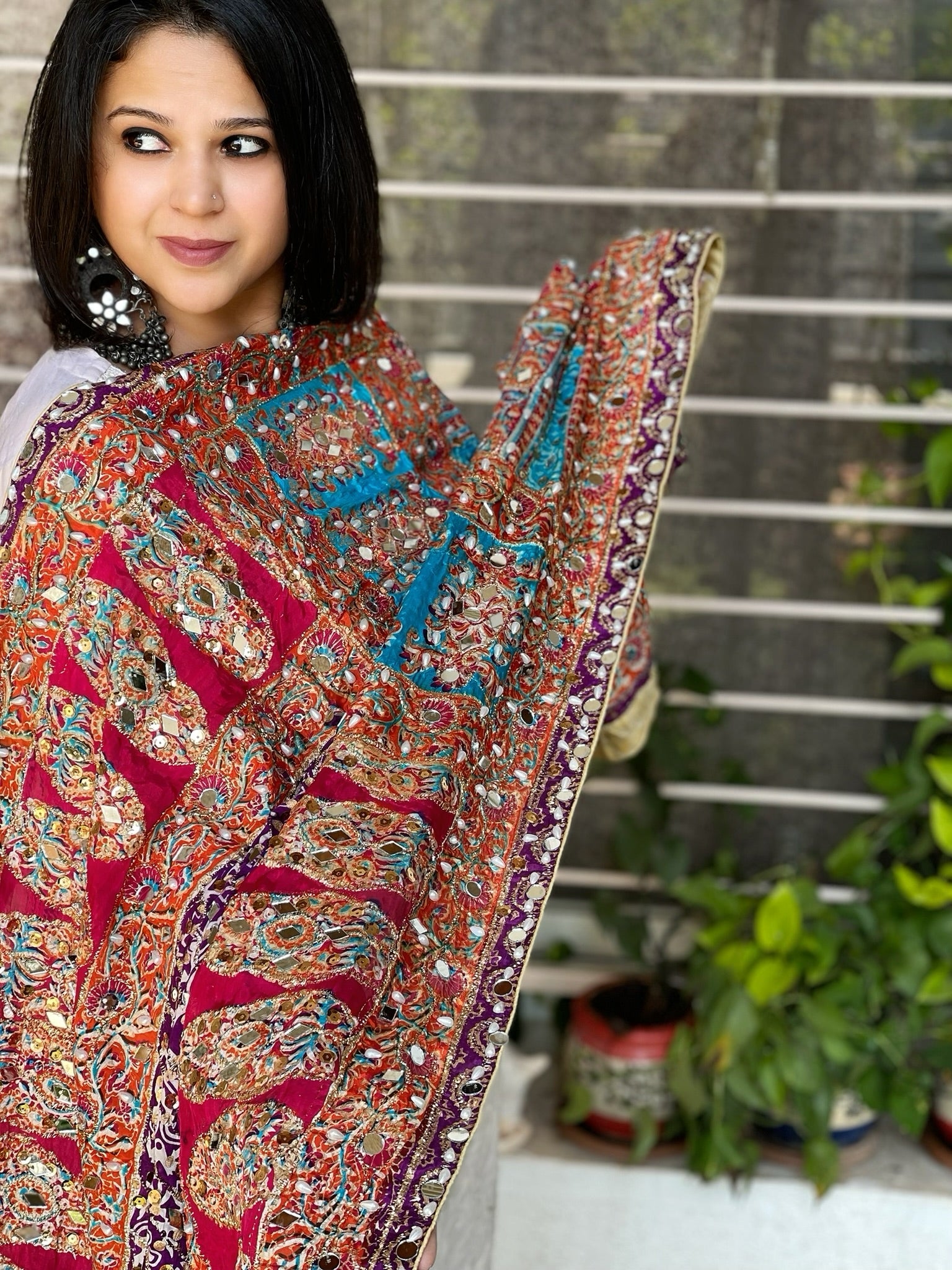 Pure Silk Dupatta with Beads, Sequin, Real Mirror Pasting Handwork - Masakalee