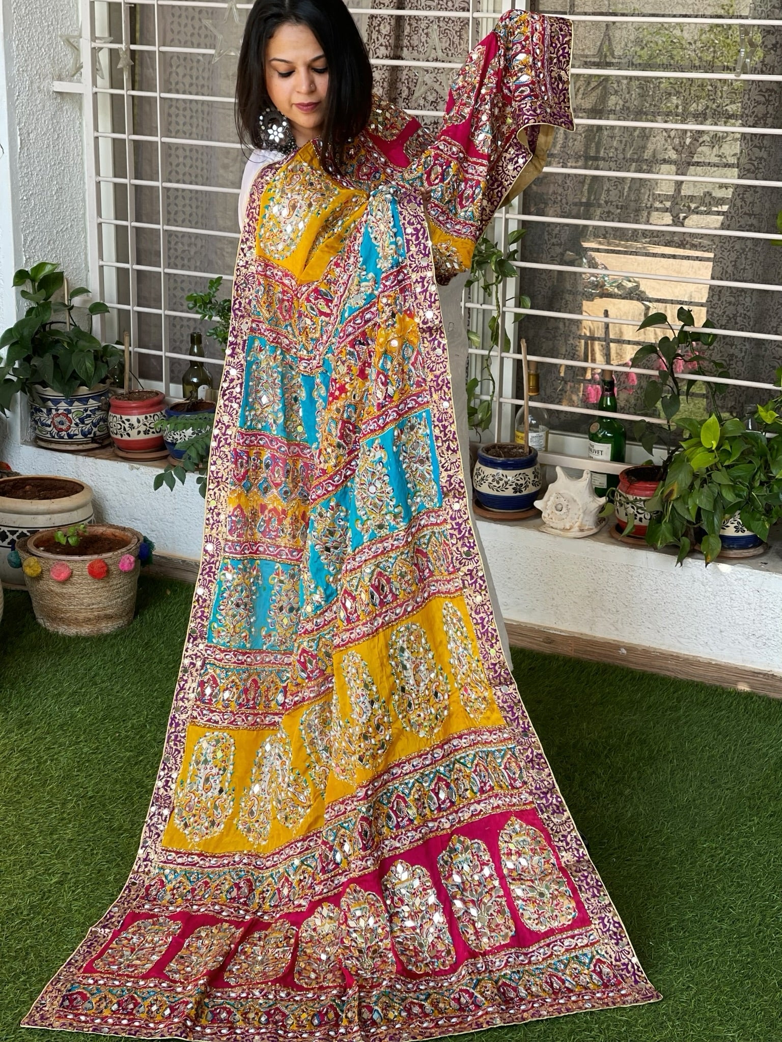 Pure Silk Dupatta with Beads, Sequin, Real Mirror Pasting Handwork - Masakalee