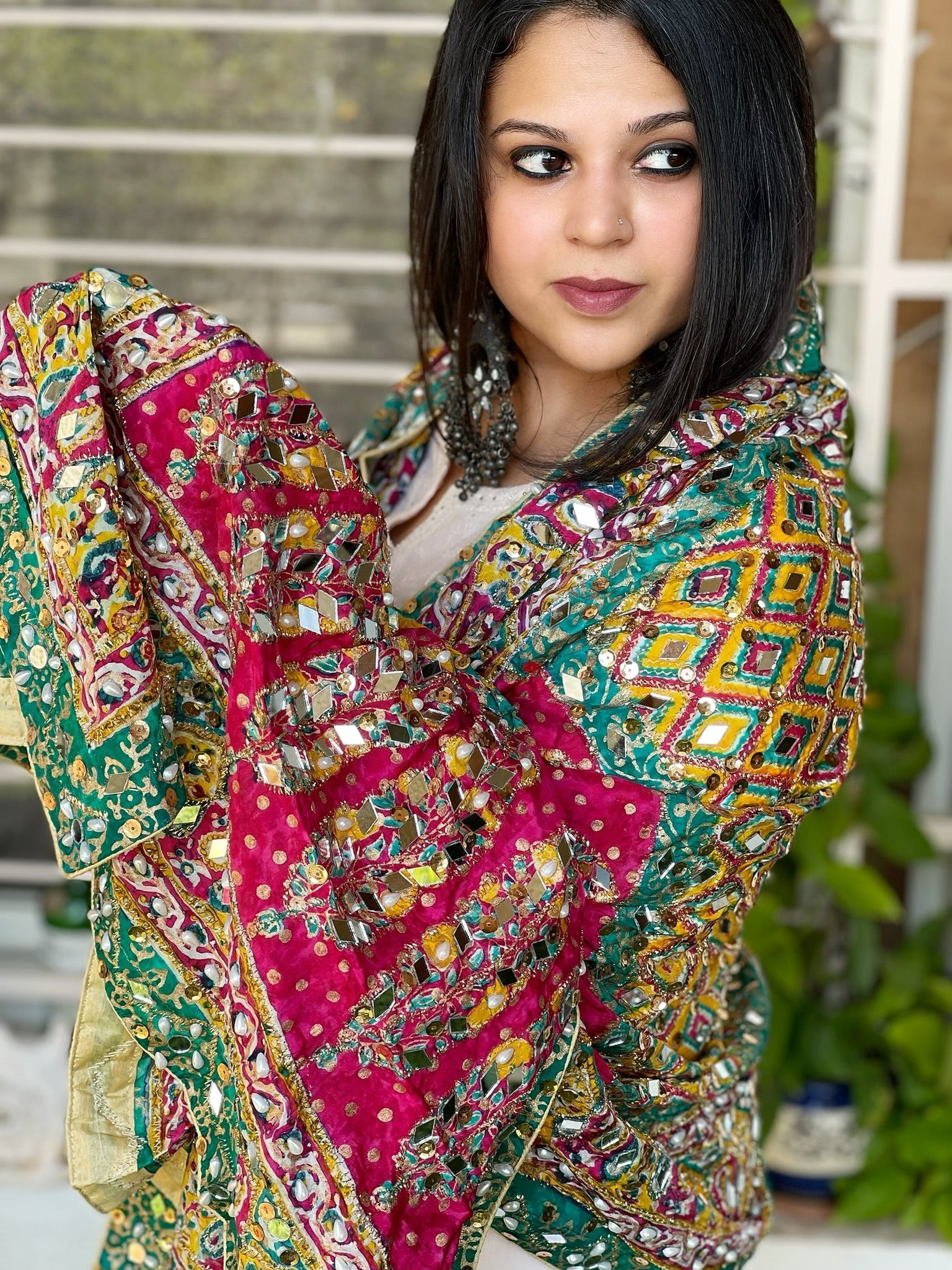 Pure Silk Dupatta with Beads, Sequin, Real Mirror Pasting Handwork - Masakalee