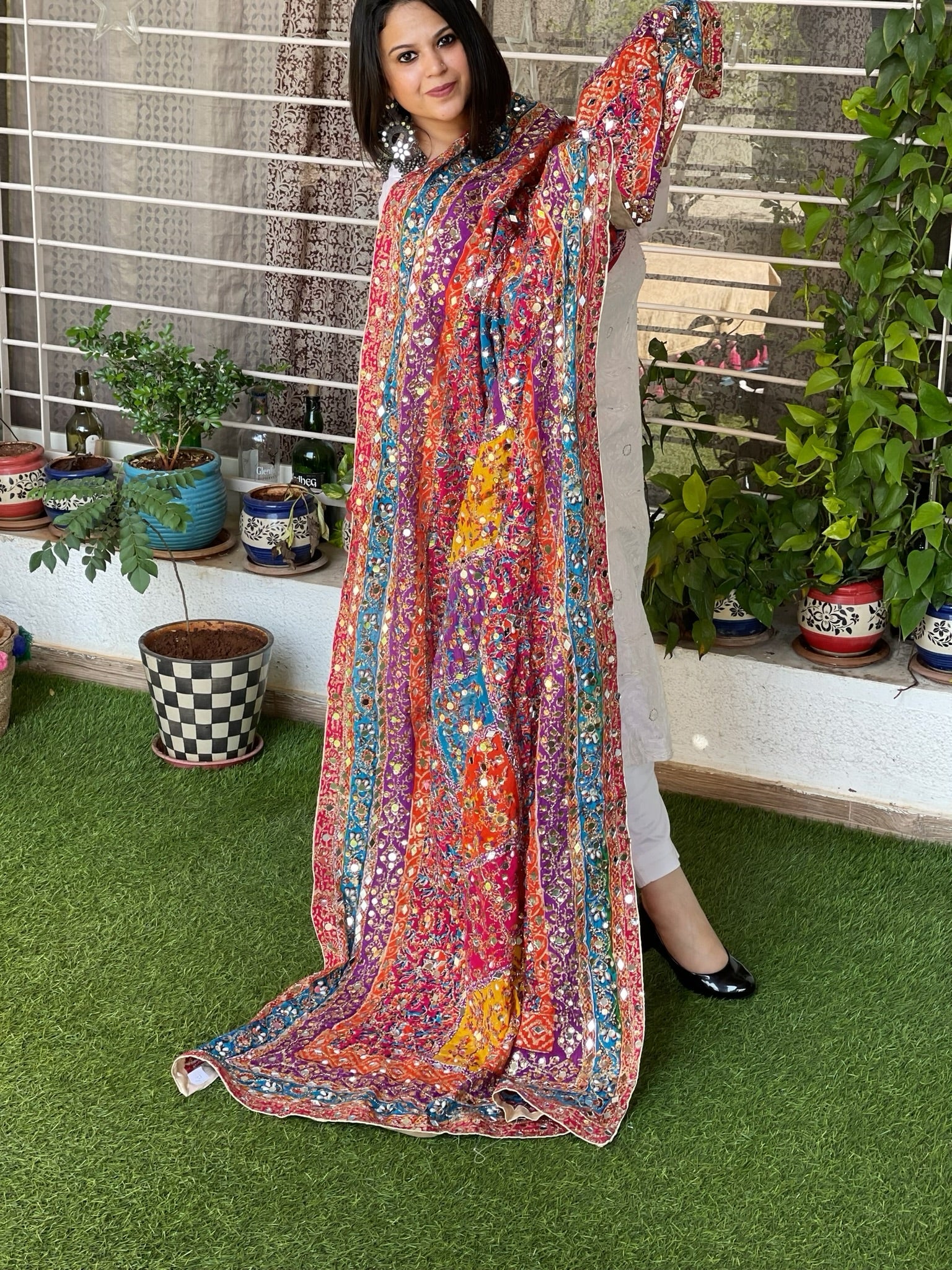 Pure Silk Dupatta with Beads, Sequin, Real Mirror Pasting Handwork - Masakalee