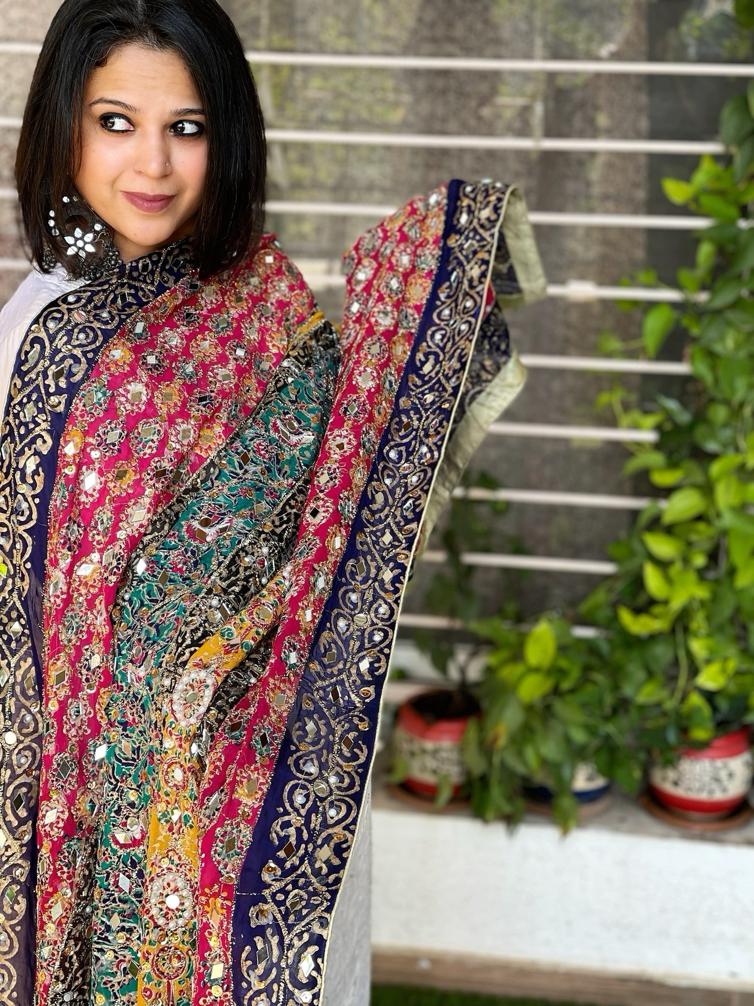 Pure Silk Dupatta with Beads, Sequin, Real Mirror Pasting Handwork - Masakalee