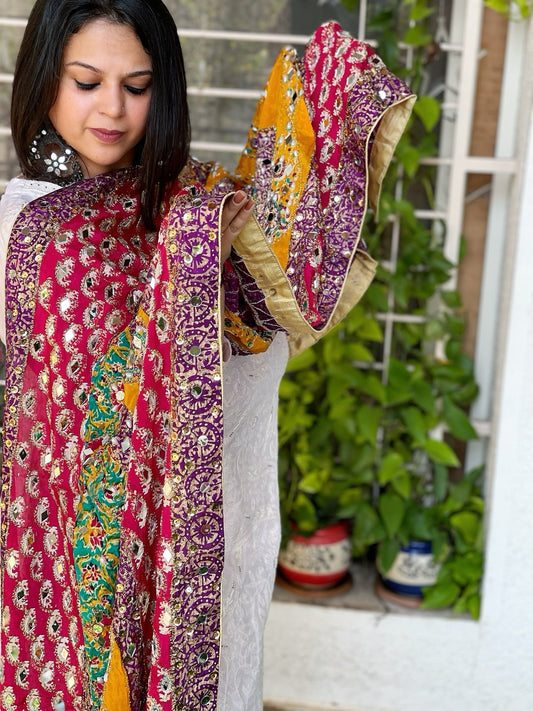 Pure Silk Dupatta with Beads, Sequin, Real Mirror Pasting Handwork - Masakalee