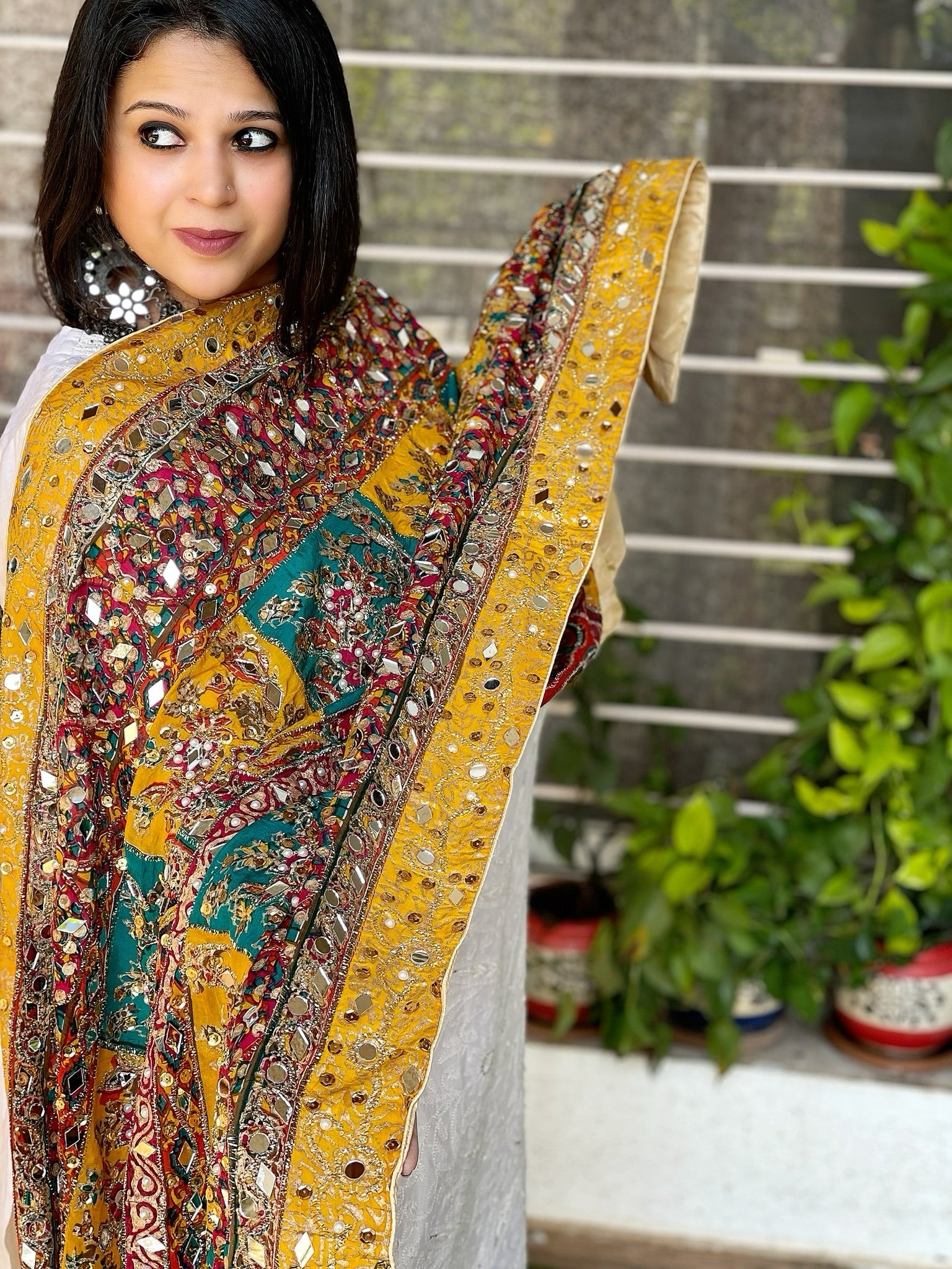 Pure Silk Dupatta with Beads, Sequin, Real Mirror Pasting Handwork - Masakalee