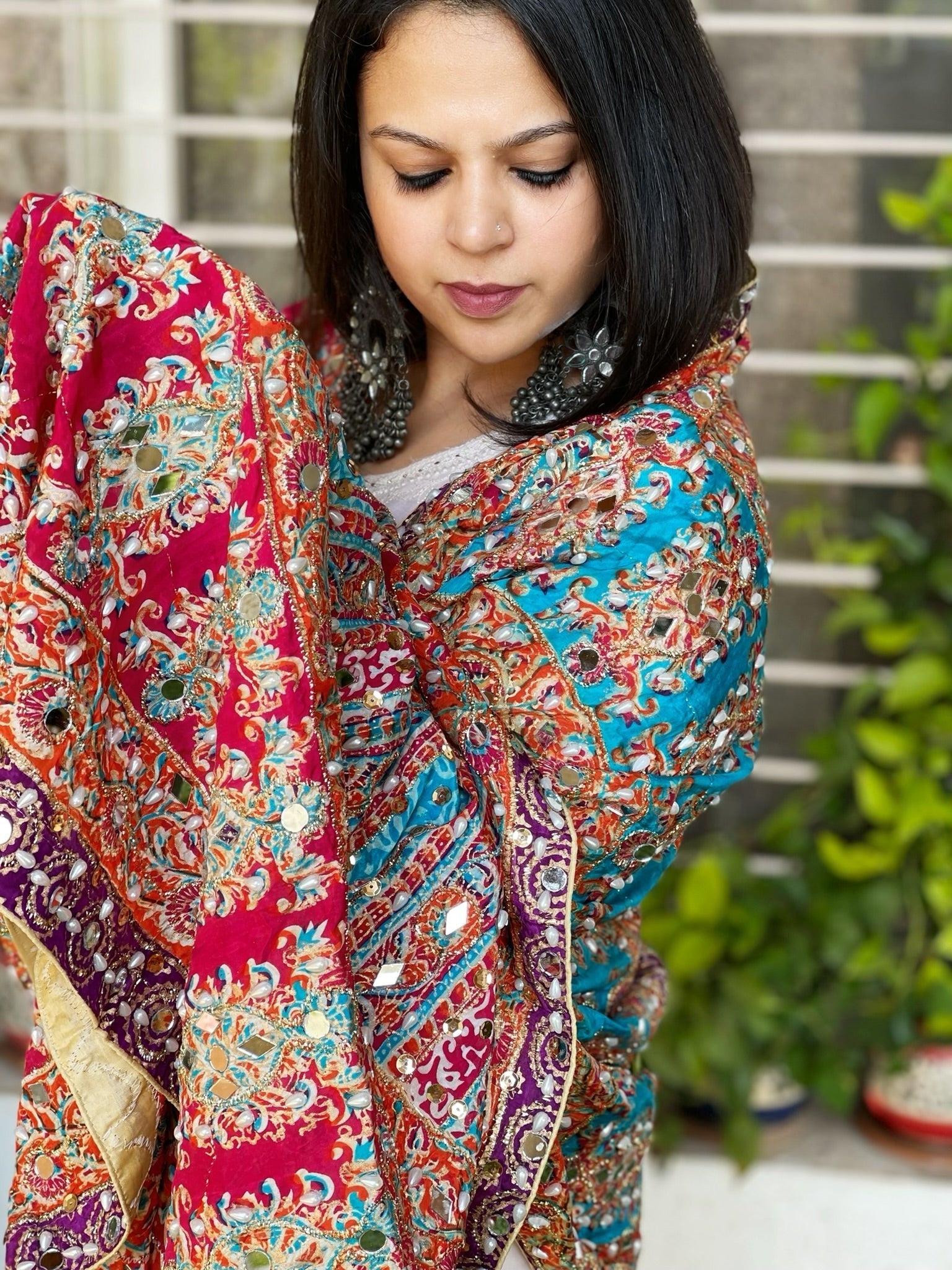 Pure Silk Dupatta with Beads, Sequin, Real Mirror Pasting Handwork - Masakalee