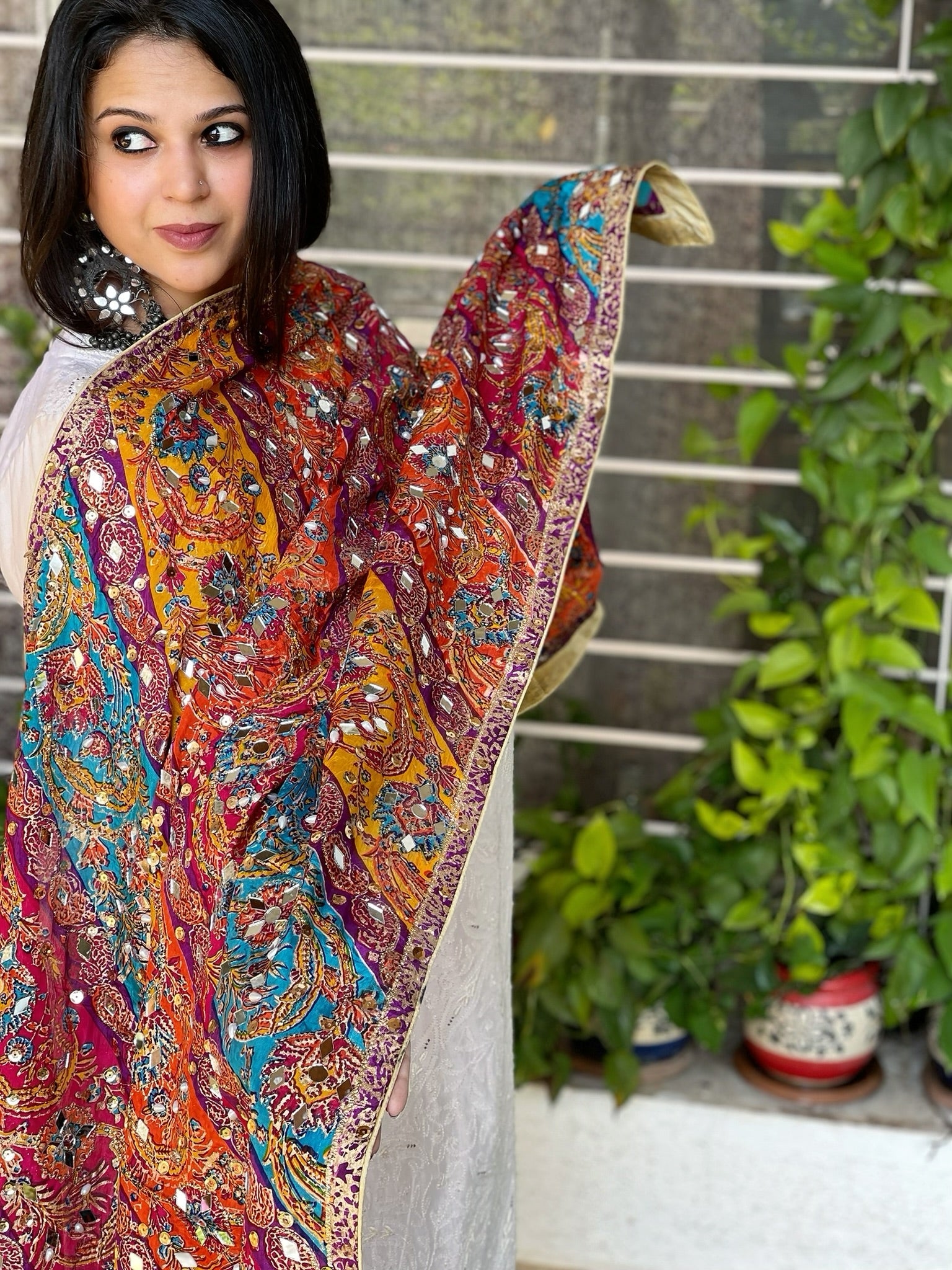 Pure Silk Dupatta with Beads, Sequin, Real Mirror Pasting Handwork - Masakalee