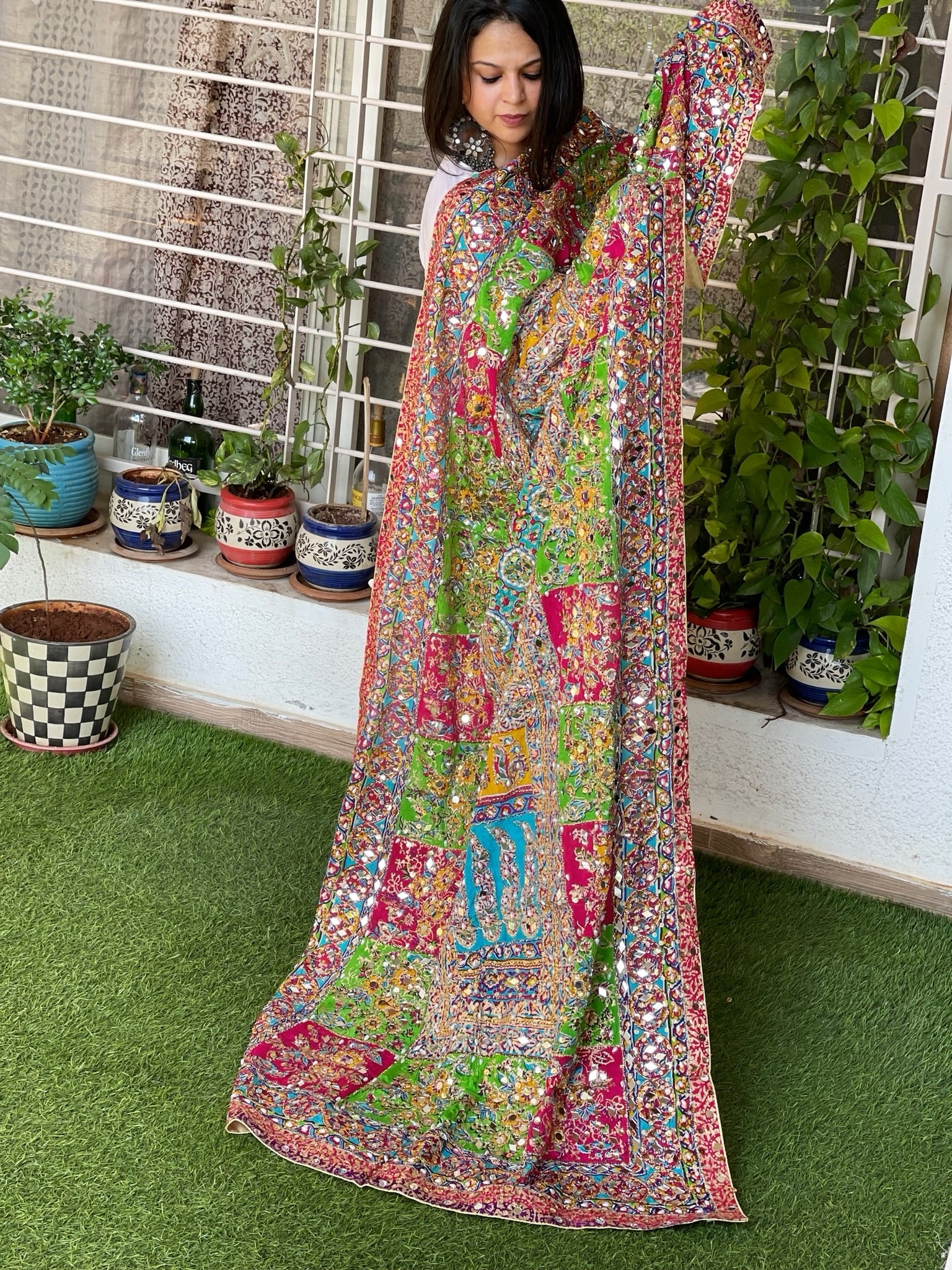 Pure Silk Dupatta with Beads, Sequin, Real Mirror Pasting Handwork - Masakalee