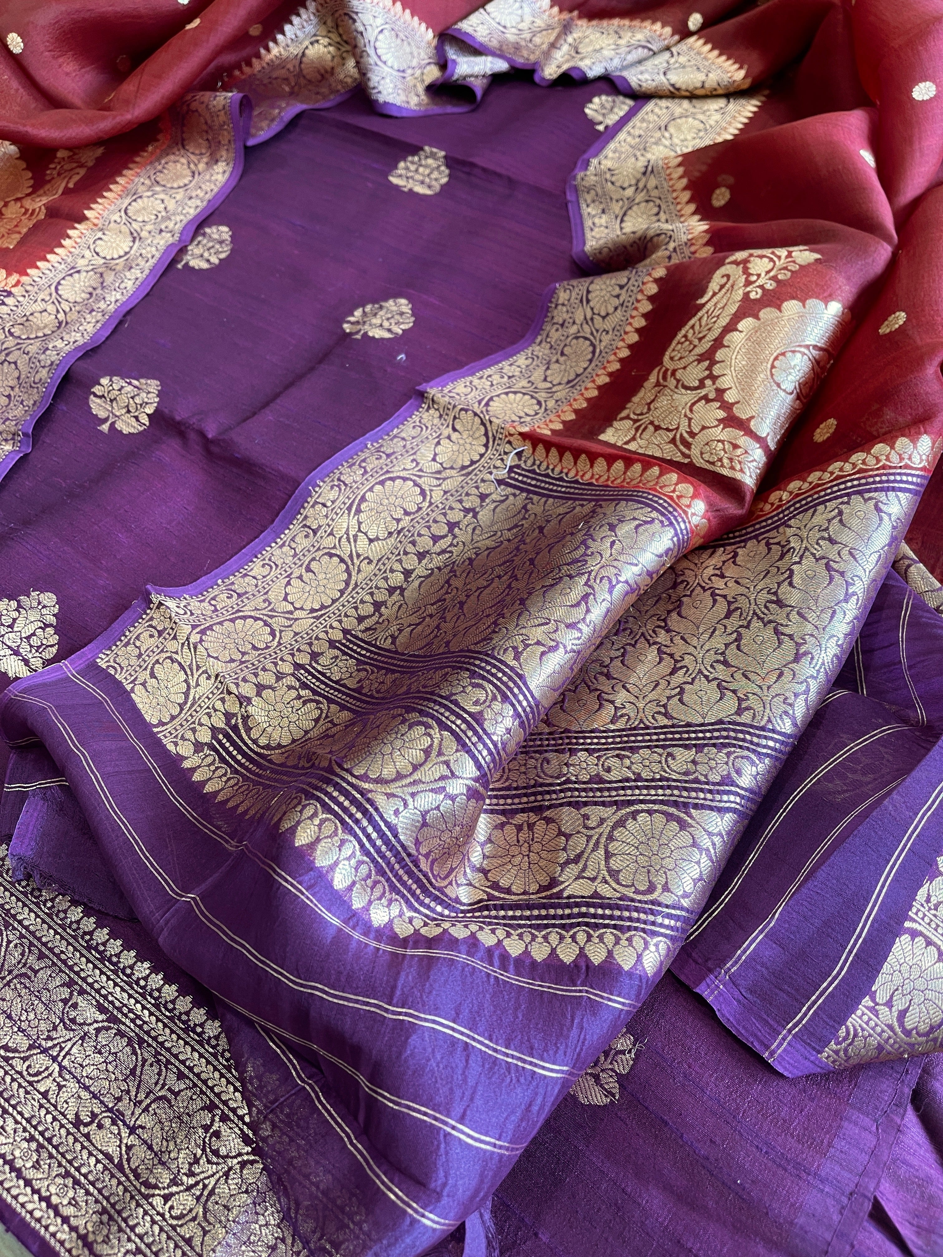 Purple Banarasi Suit Set in Pure Raw Silk with Pure Organza Zari Dupatta - Masakalee
