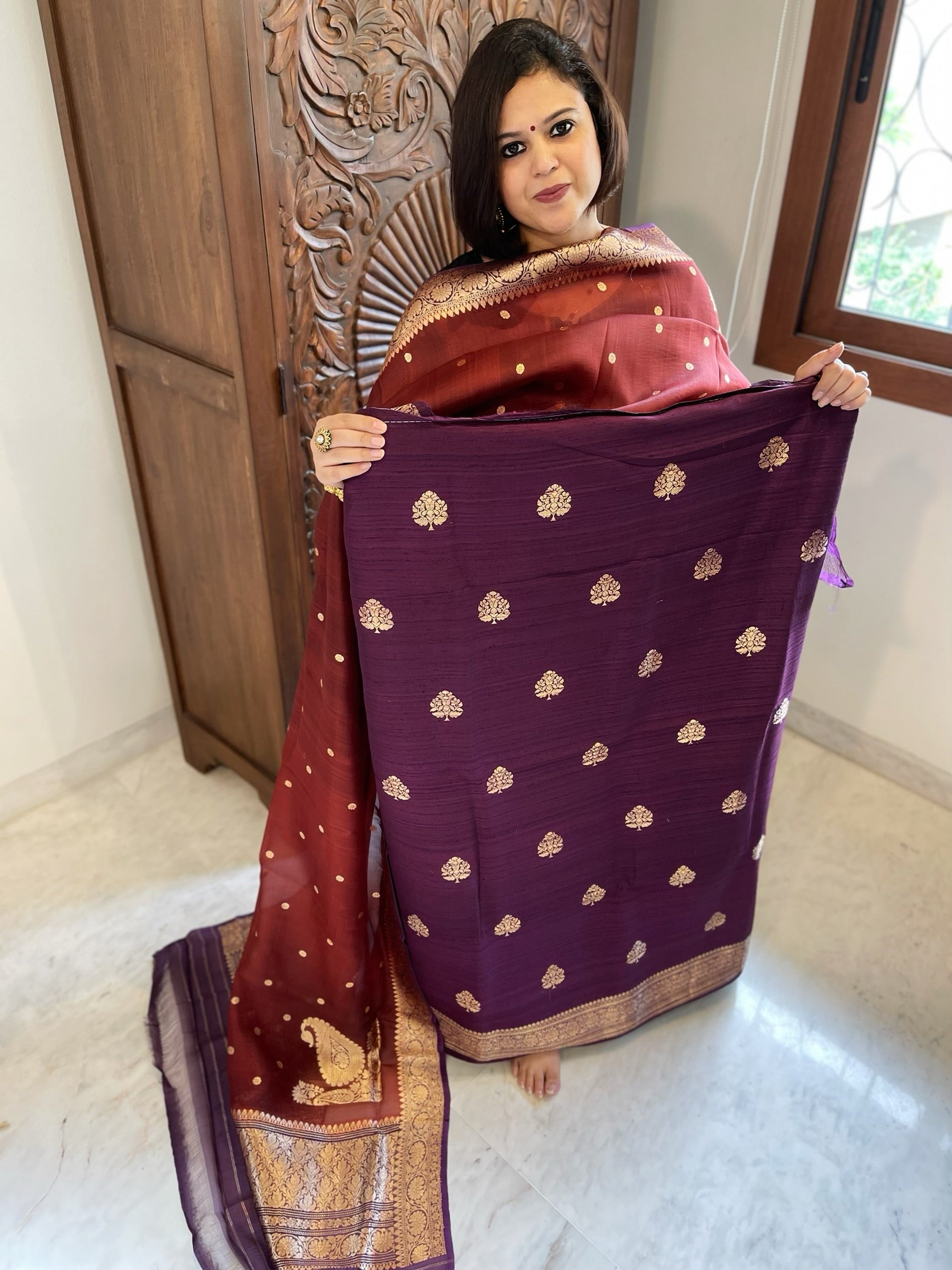 Purple Banarasi Suit Set in Pure Raw Silk with Pure Organza Zari Dupatta - Masakalee