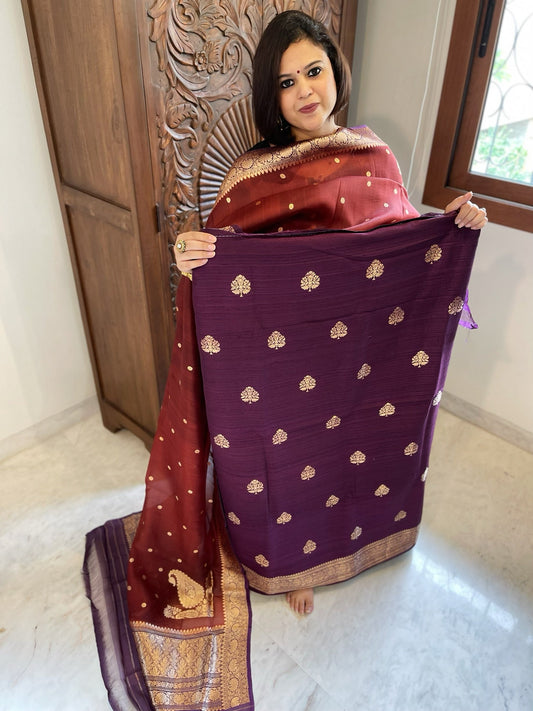 Purple Banarasi Suit Set in Pure Raw Silk with Pure Organza Zari Dupatta - Masakalee