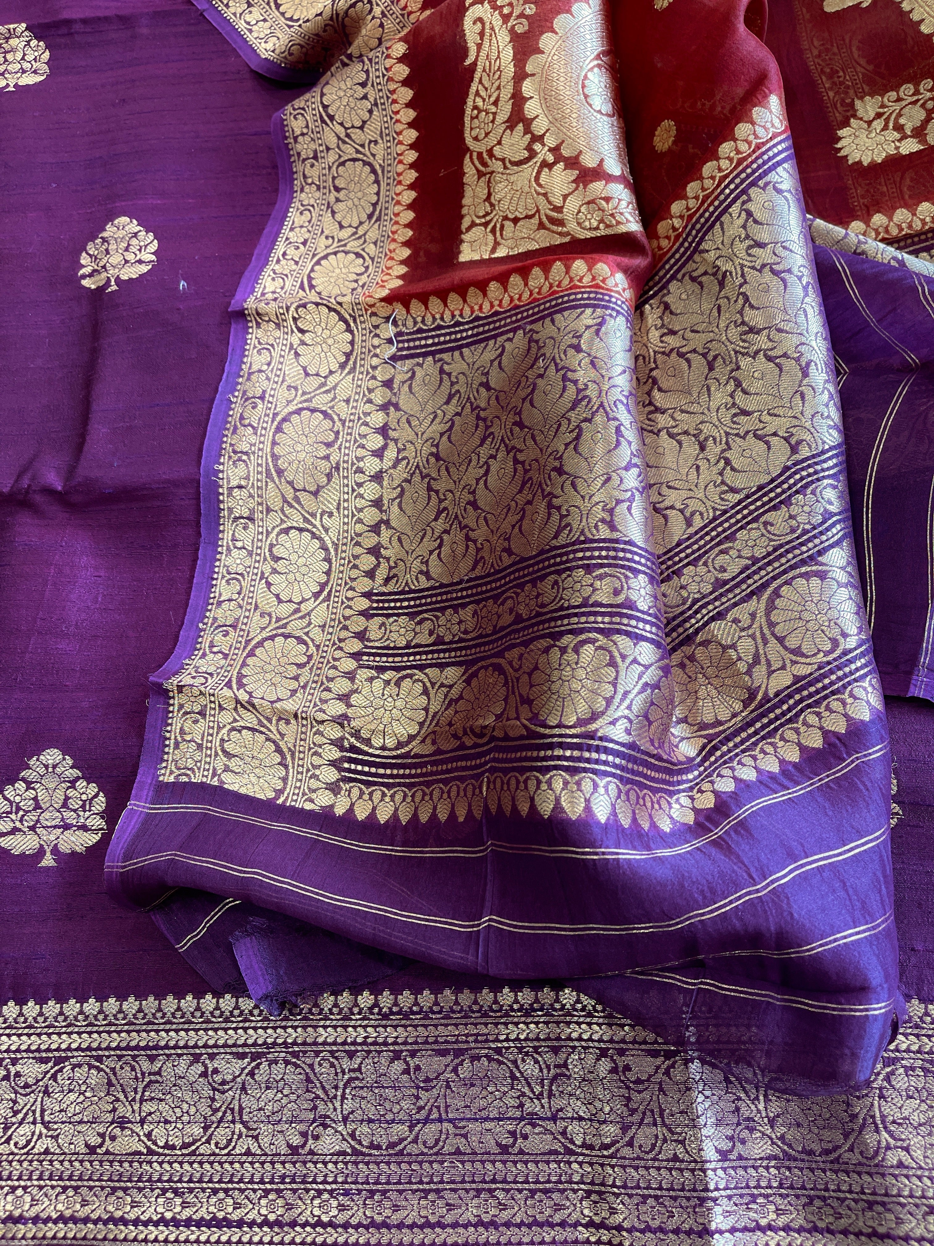 Purple Banarasi Suit Set in Pure Raw Silk with Pure Organza Zari Dupatta - Masakalee