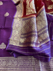 Purple Banarasi Suit Set in Pure Raw Silk with Pure Organza Zari Dupatta - Masakalee