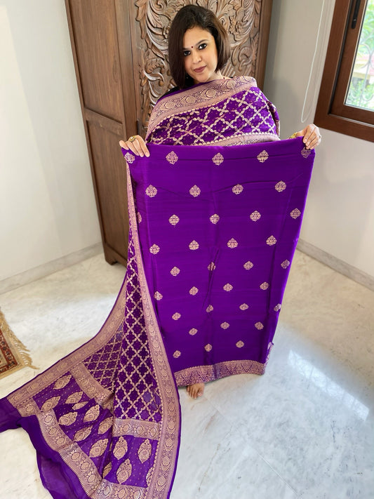 Purple Banarasi Suit Set in Raw Silk with Neemzari Bandhani Dupatta - Masakalee