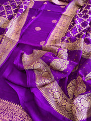 Purple Banarasi Suit Set in Raw Silk with Neemzari Bandhani Dupatta - Masakalee