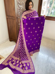 Purple Banarasi Suit Set in Raw Silk with Neemzari Bandhani Dupatta - Masakalee