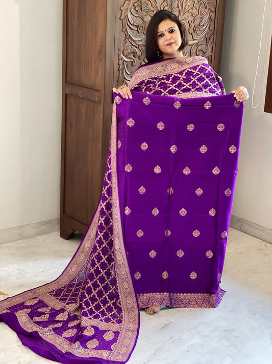 Purple Banarasi Suit Set in Raw Silk with Neemzari Bandhani Dupatta - Masakalee