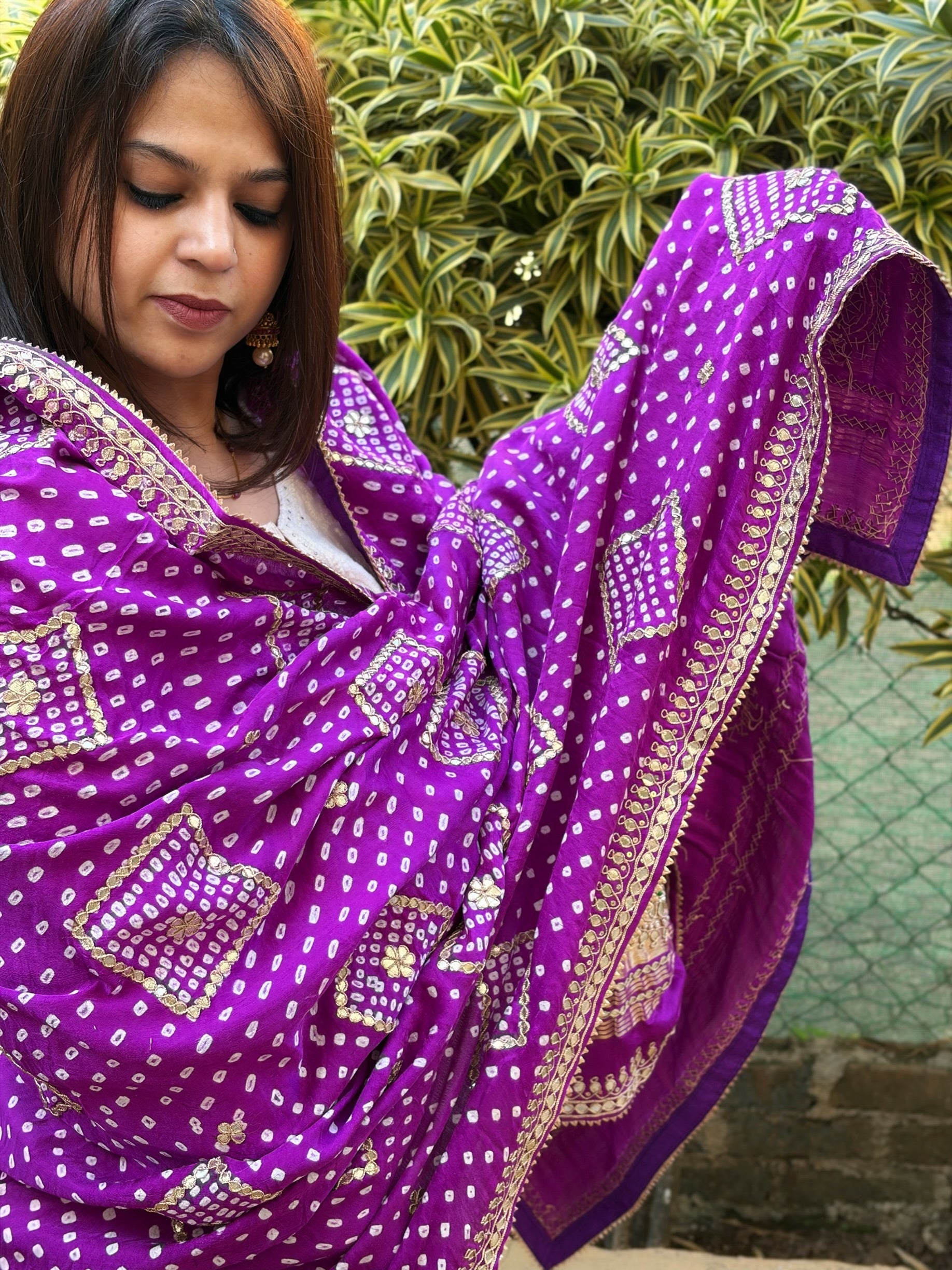 Purple Bandhani Dupatta with Gotapatti Handwork in Pure Silk - Masakalee