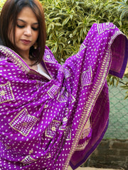 Purple Bandhani Dupatta with Gotapatti Handwork in Pure Silk - Masakalee