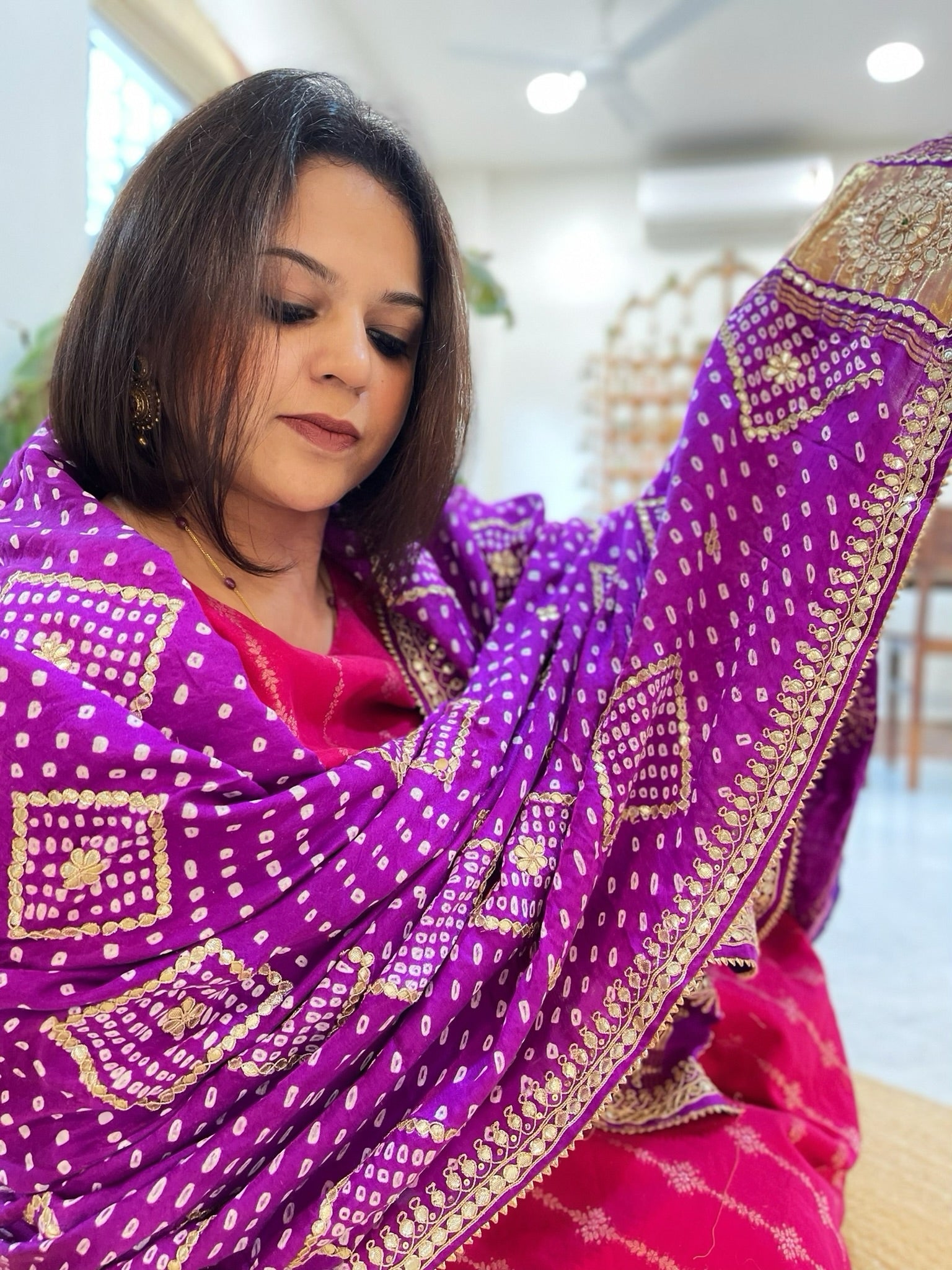 Purple Bandhani Dupatta with Gotapatti Handwork in Pure Silk - Masakalee