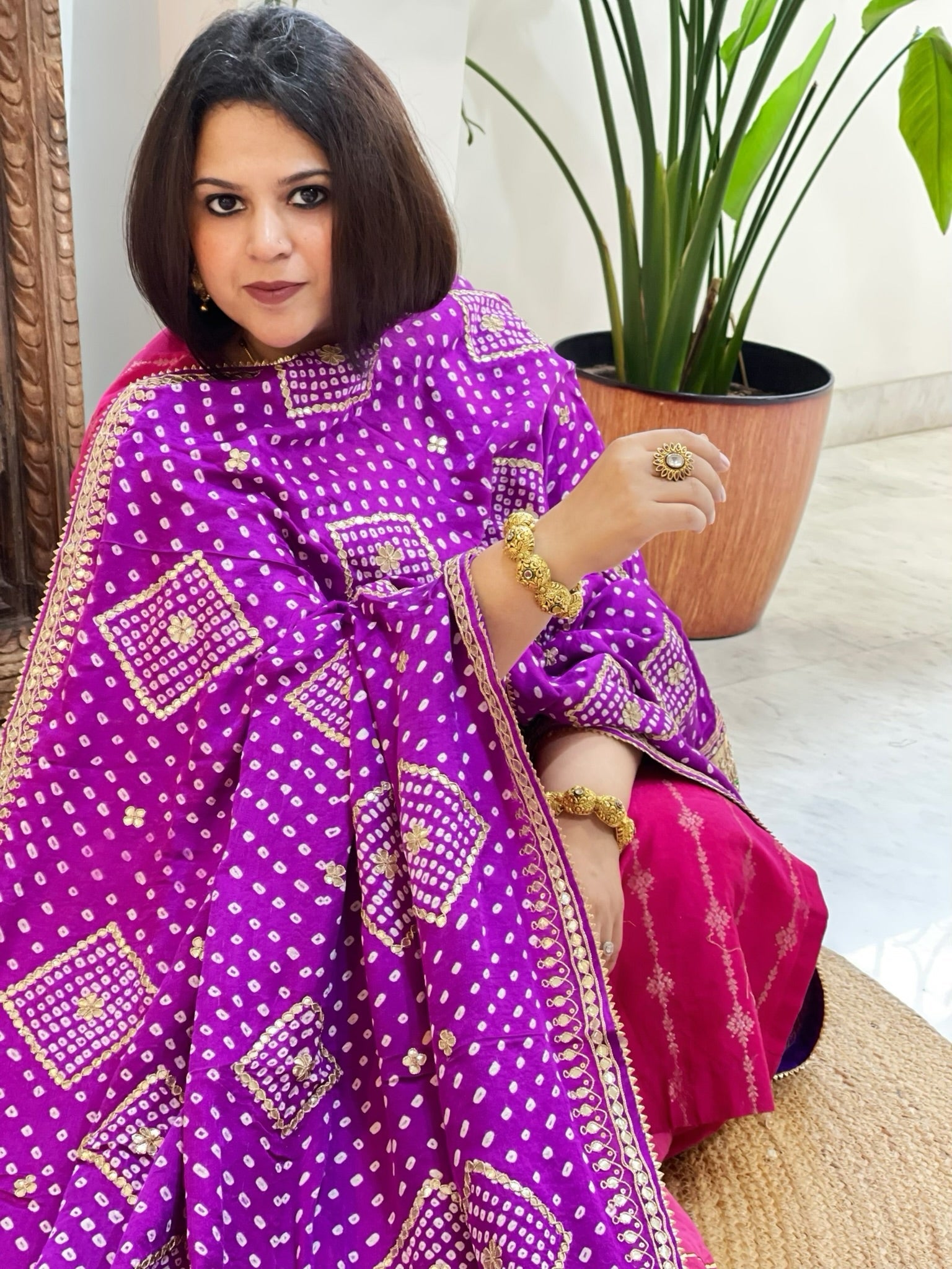 Purple Bandhani Dupatta with Gotapatti Handwork in Pure Silk - Masakalee