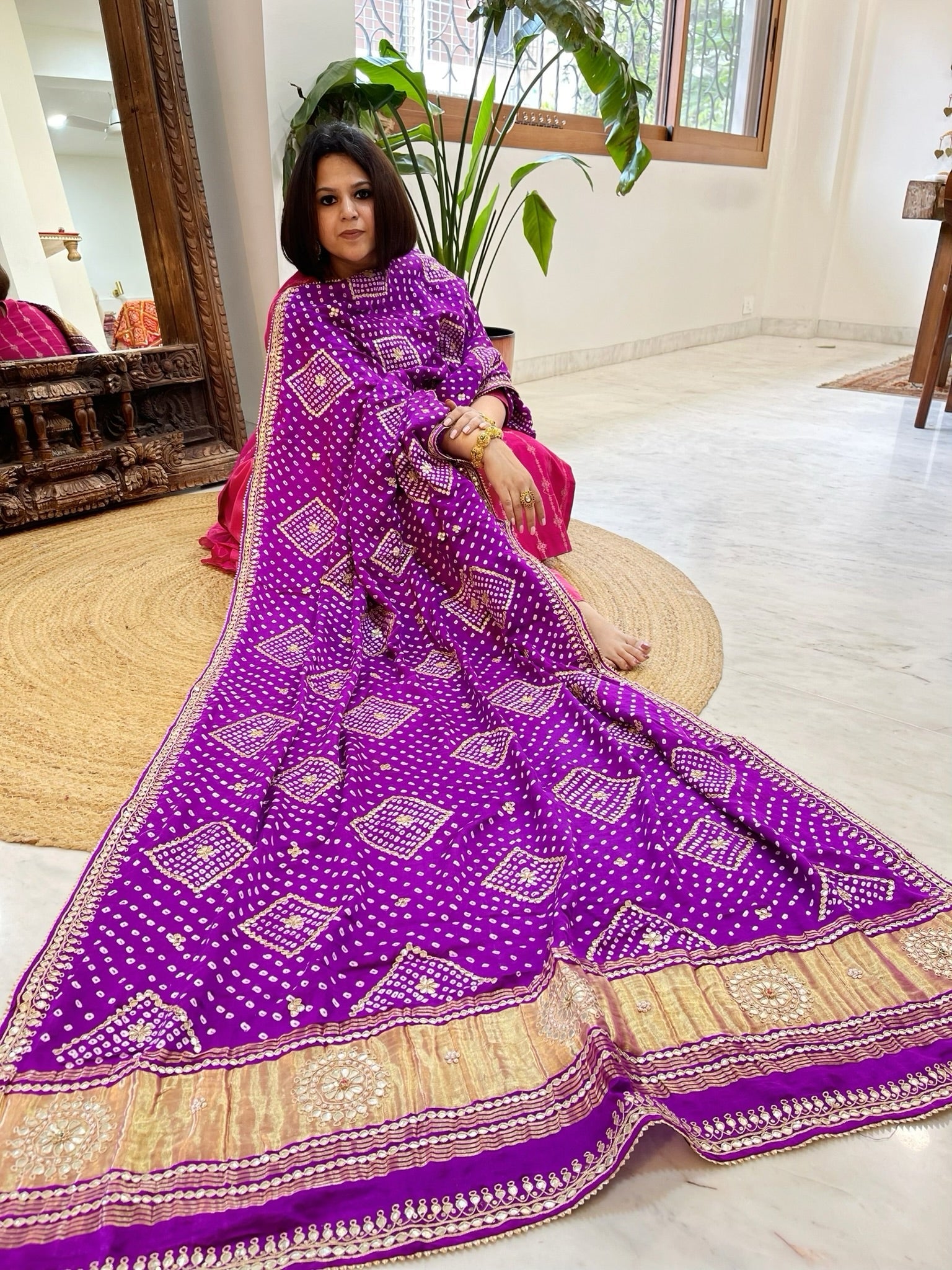 Purple Bandhani Dupatta with Gotapatti Handwork in Pure Silk - Masakalee