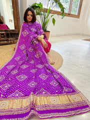 Purple Bandhani Dupatta with Gotapatti Handwork in Pure Silk - Masakalee