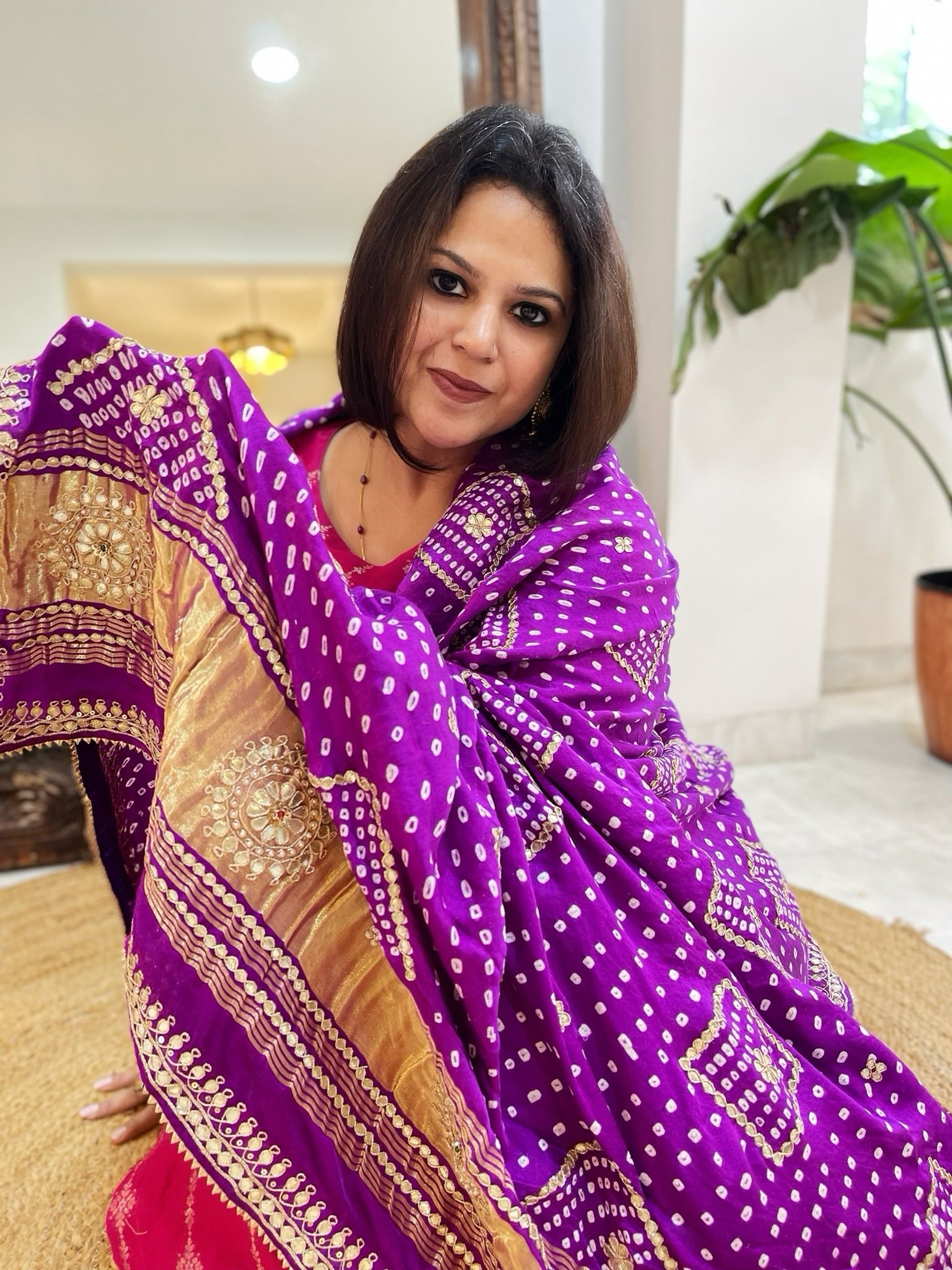 Purple Bandhani Dupatta with Gotapatti Handwork in Pure Silk - Masakalee