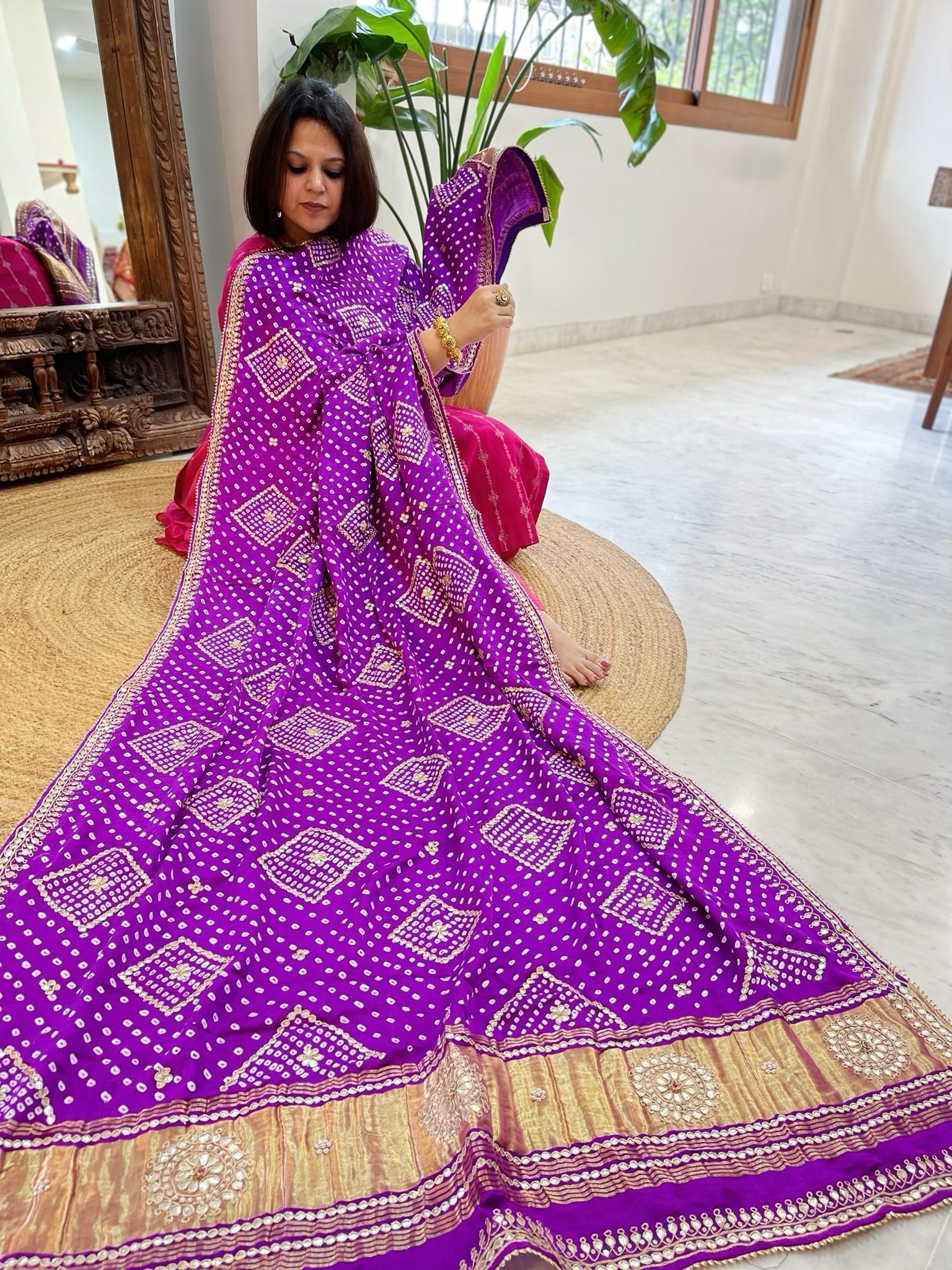 Purple Bandhani Dupatta with Gotapatti Handwork in Pure Silk - Masakalee
