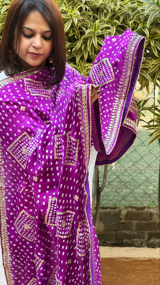 Purple Bandhani Dupatta with Gotapatti Handwork in Pure Silk - Masakalee