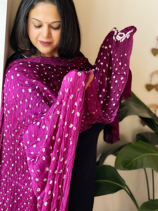 Purple Bandhani Dupatta with Zari Pallu in Modal Silk - Masakalee