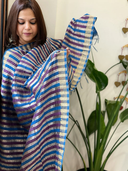 Purple, Blue Handwoven Chanderi Tissue Dupatta - Masakalee