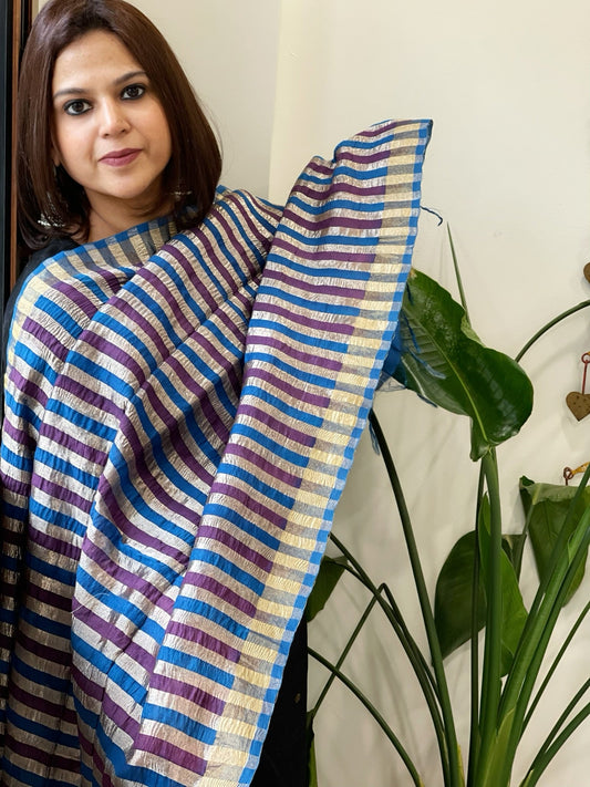 Purple, Blue Handwoven Chanderi Tissue Dupatta - Masakalee