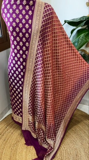 Purple, Carrot Pink Handwoven Banarasi Suit Set in Pure Georgette - Masakalee
