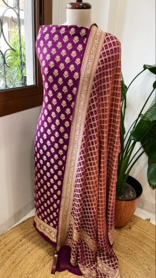Purple, Carrot Pink Handwoven Banarasi Suit Set in Pure Georgette - Masakalee