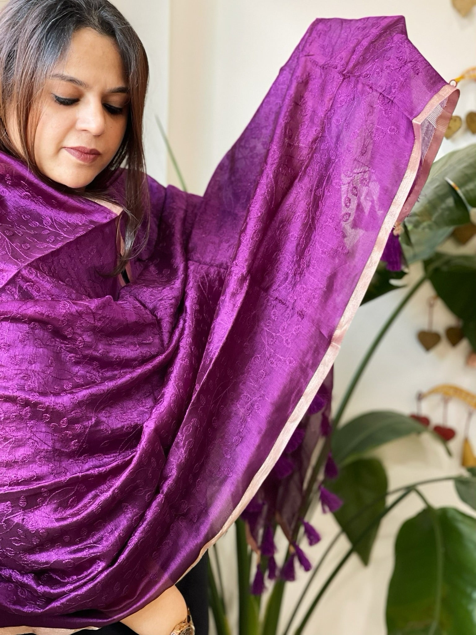 Purple Chanderi Dupatta with Thread Embroidery - Masakalee