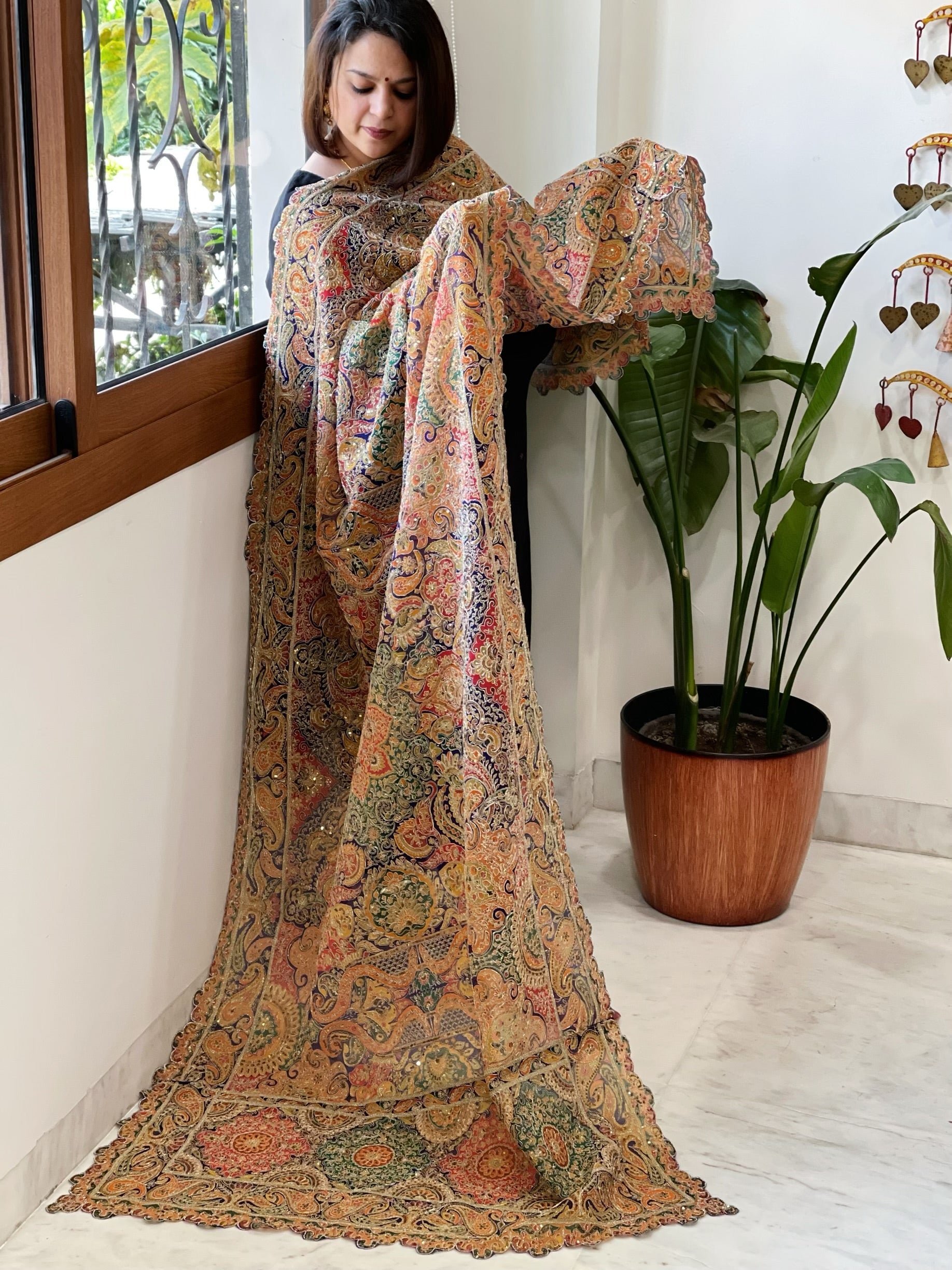 Purple Chinon Dupatta with Aari Embroidery - Masakalee