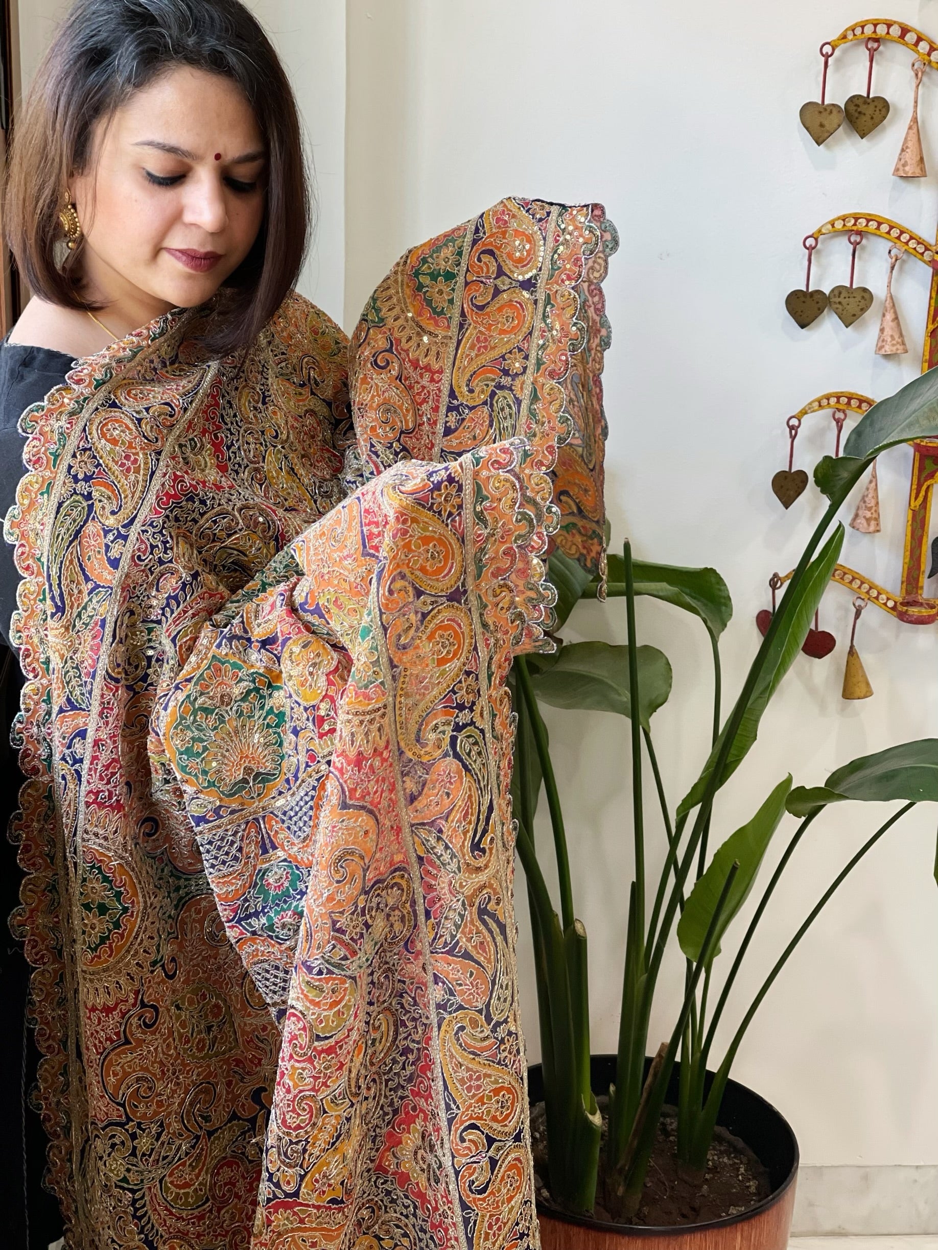 Purple Chinon Dupatta with Aari Embroidery - Masakalee