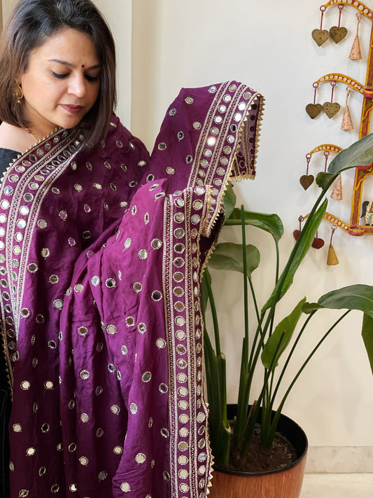 Purple Crepe Dupatta with Mirror and Cut Daana Work with Gota Lace Border - Masakalee