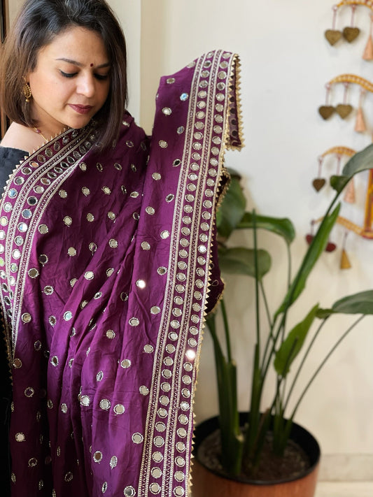Purple Crepe Dupatta with Mirror and Cut Daana Work with Gota Lace Border - Masakalee