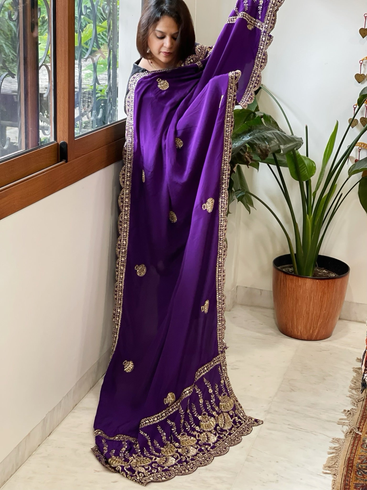 Purple Crepe Dupatta with Pearl, Cut Daana, Gold Thread & Sequin Embroidery - Masakalee