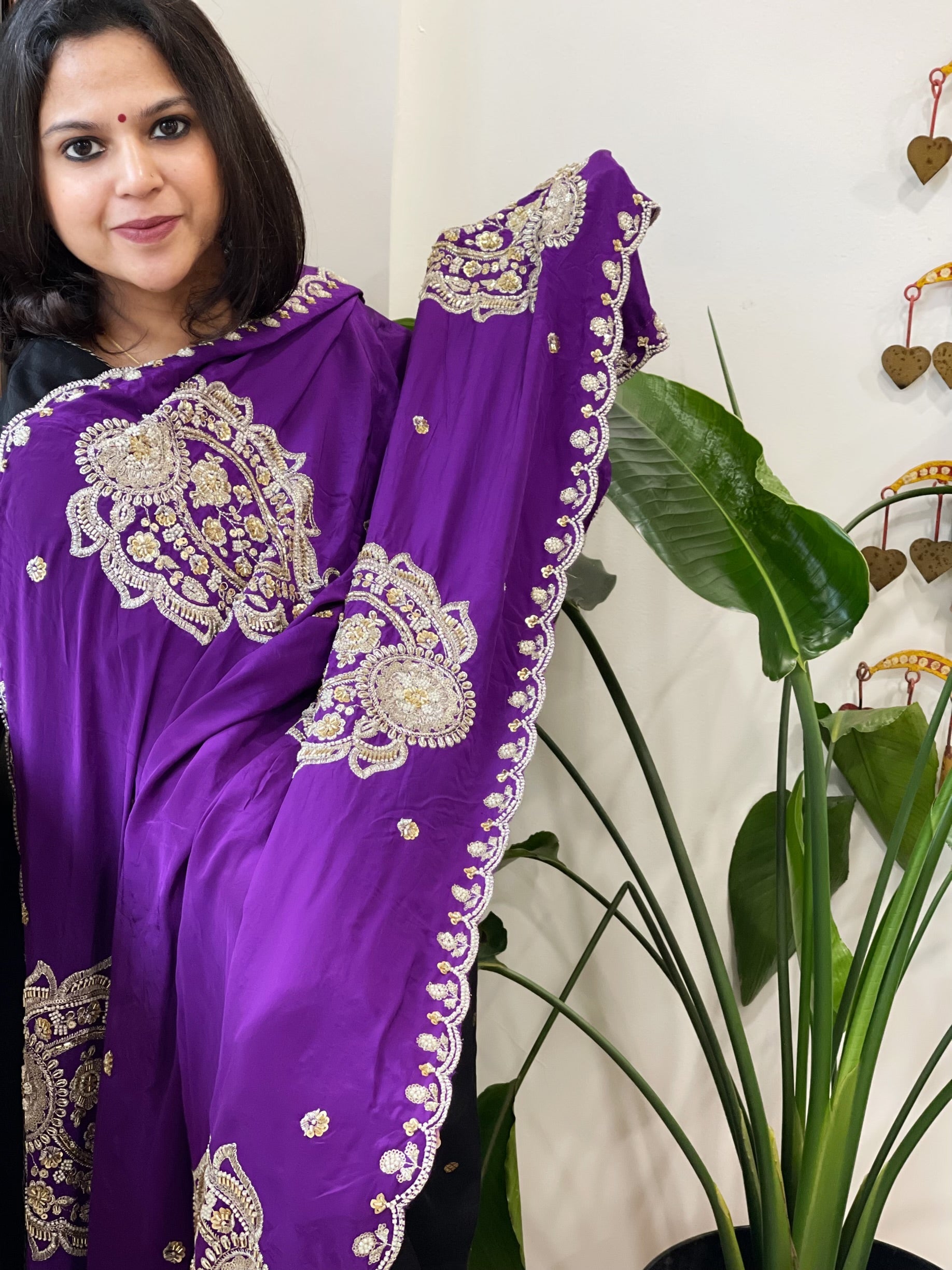 Purple Crepe Dupatta with Pearl, Cut Daana, Gold Thread & Sequin Embroidery - Masakalee