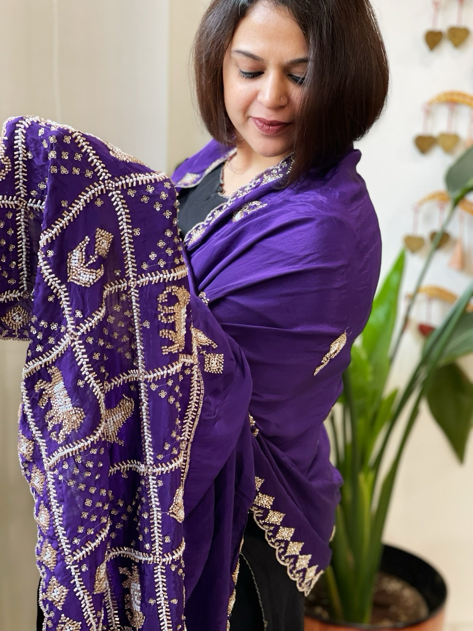 Purple Crepe Dupatta with Pearl, Cut Daana, Gold Thread & Sequin Embroidery - Masakalee